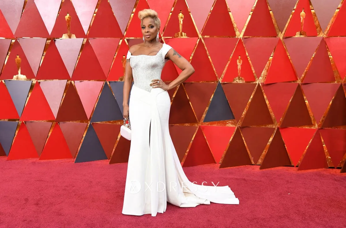 Mary J Blige white beading prom dress on the red carpet