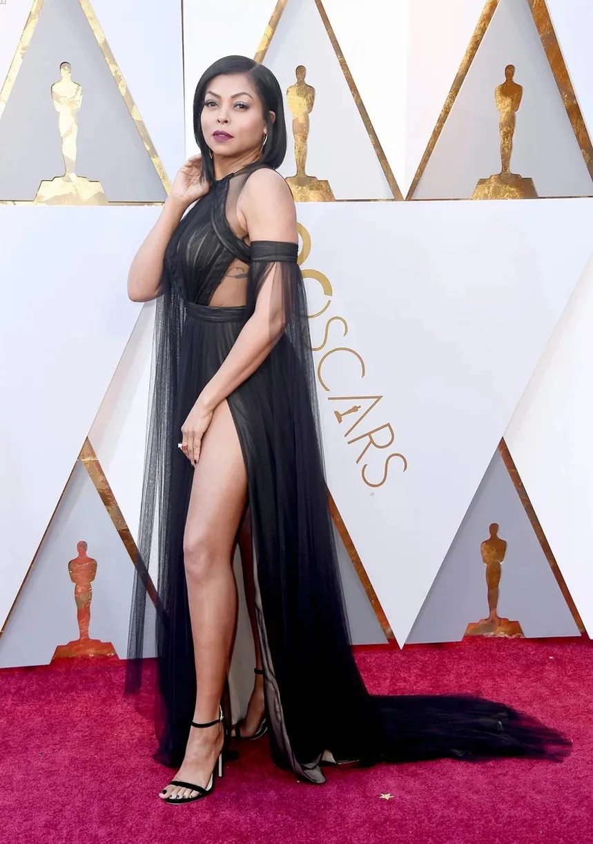 Taraji P Henson sexy sheer black tulle dress with high slit