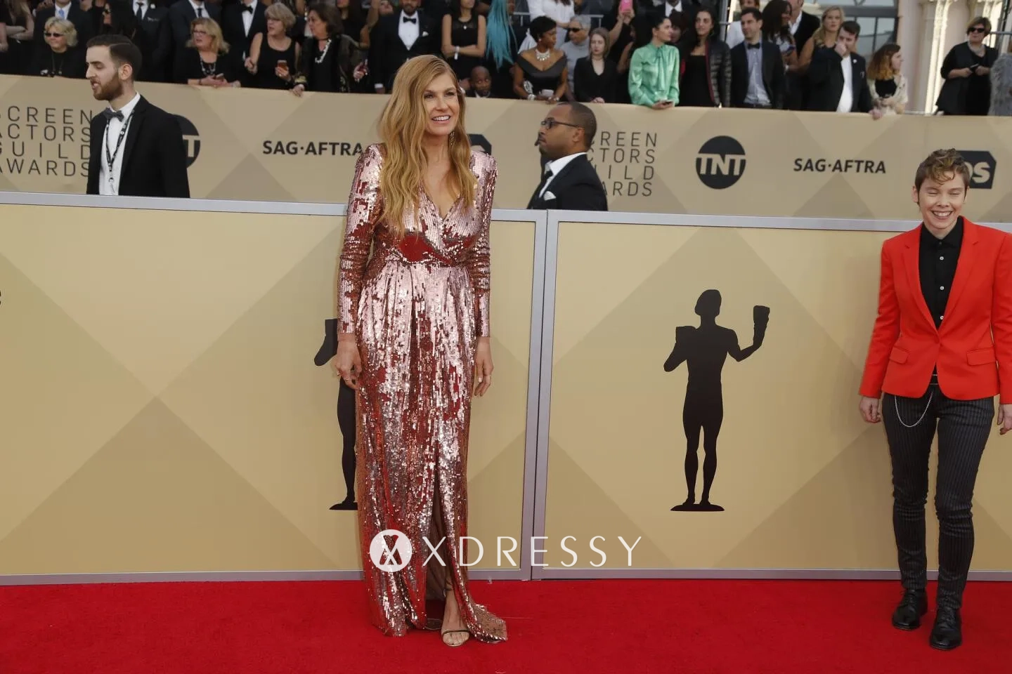Connie Britton rose gold sequin formal dress on the red capret