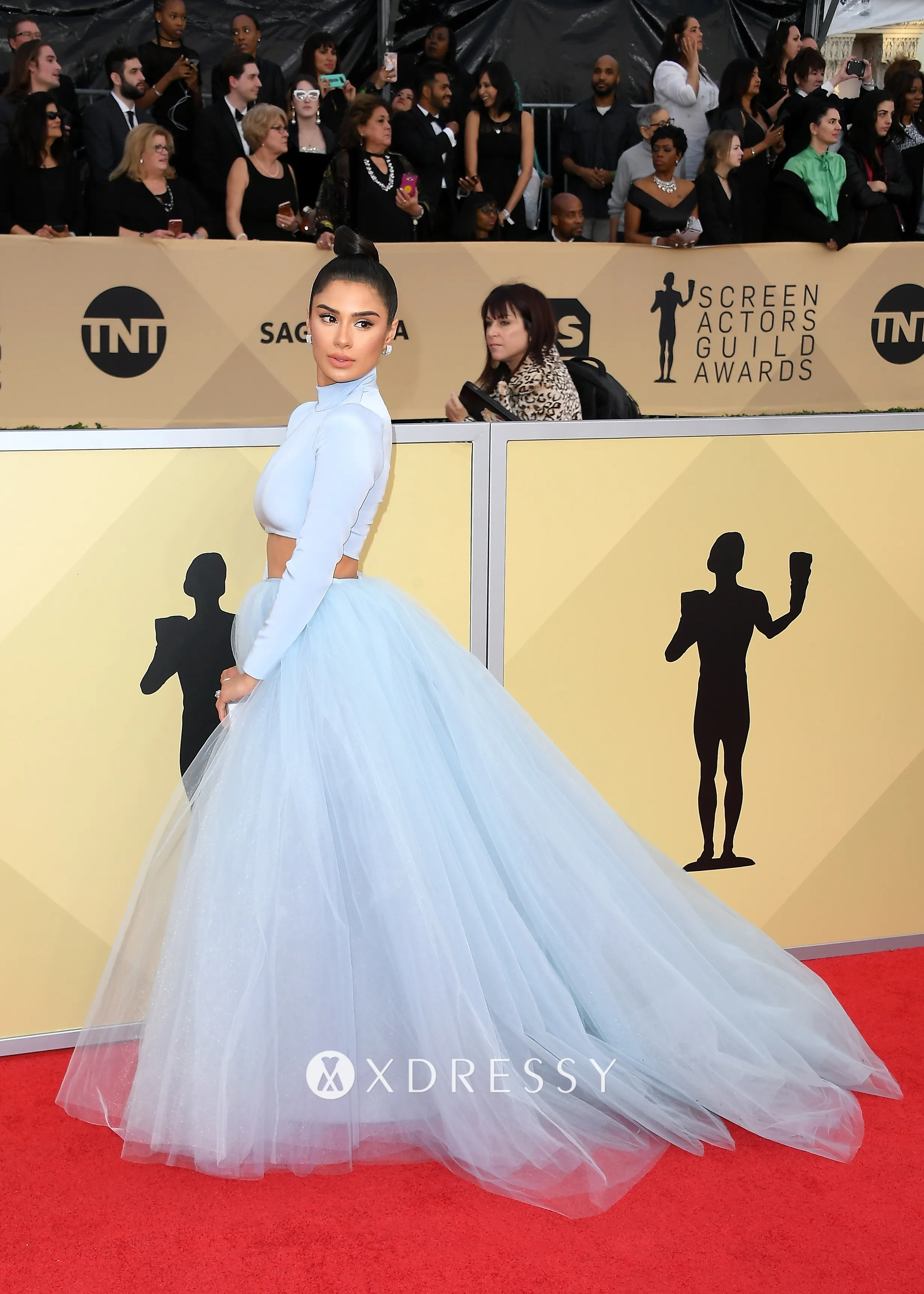 Diane Guerrero ice blue long sleeve two piece dress