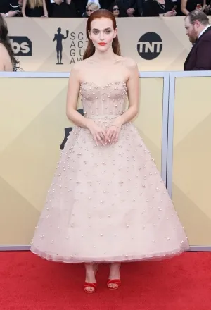 Madeline Brewer 2018 SAG pink pearled prom ball gown