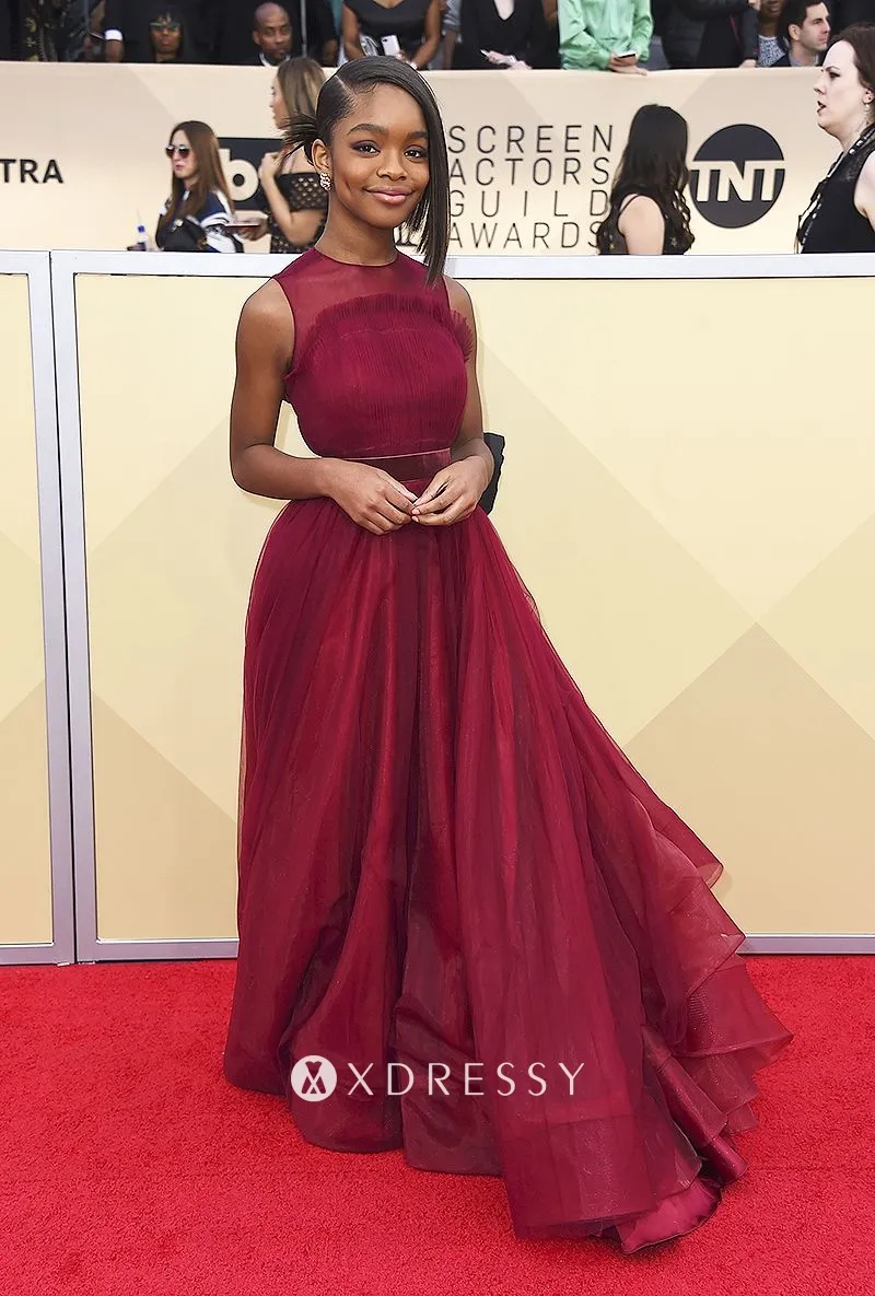 Marsai Martin crimson tulle sleeveless prom dress