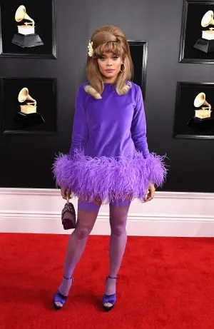 Andra Day purple feather trim mini dress 2019 Grammys