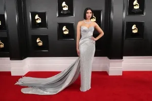 Dua Lipa silver sequin draped formal dress 2019 Grammys