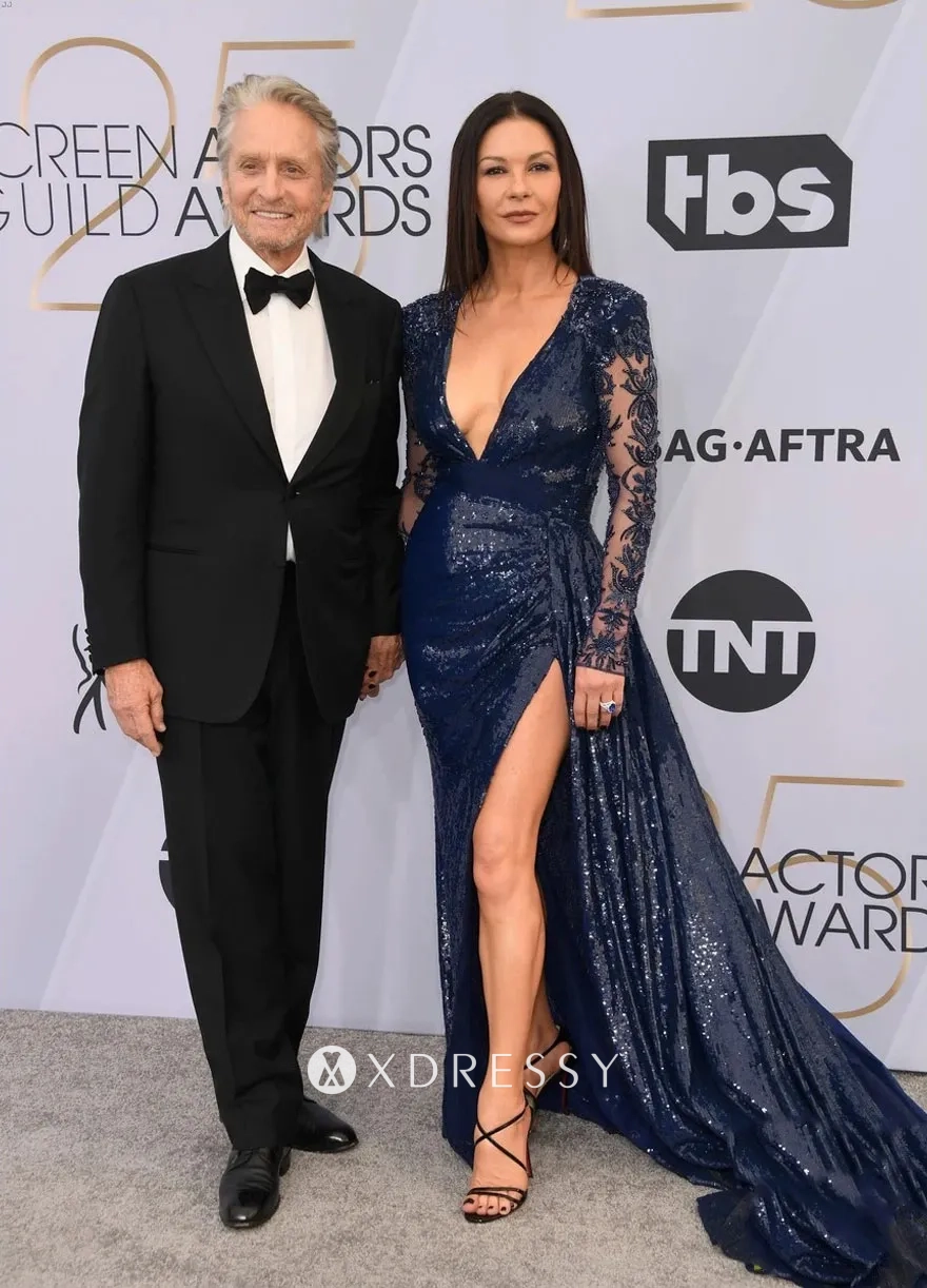 Catherine Zeta Jones navy sequin high slit formal gown Catherine Zeta Jones navy sequin high slit formal gown