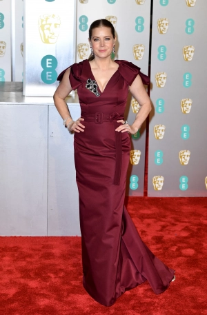 Amy Adams burgundy cap sleeve formal dress 2019 BAFTAs