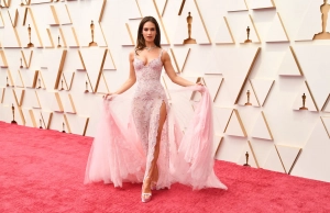 lily james pink lace evening prom dress at 2022 oscars