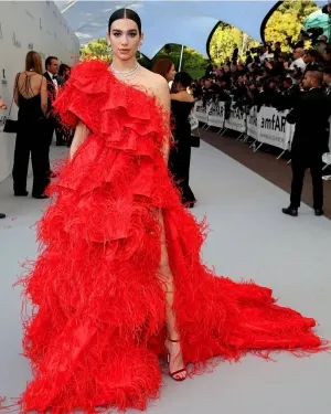 Dua Lipa red one shoulder feathered gown 2019 Cannes
