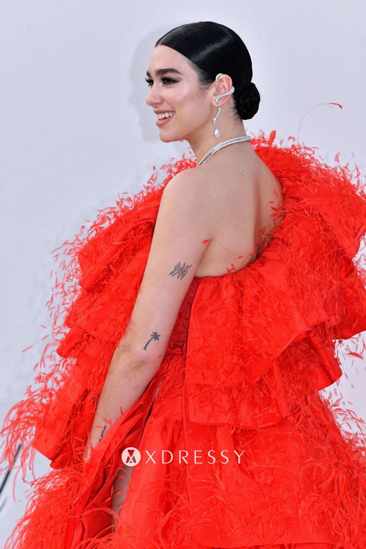 Dua Lipa red one shoulder ruffled dress Dua Lipa red one shoulder ruffled dress