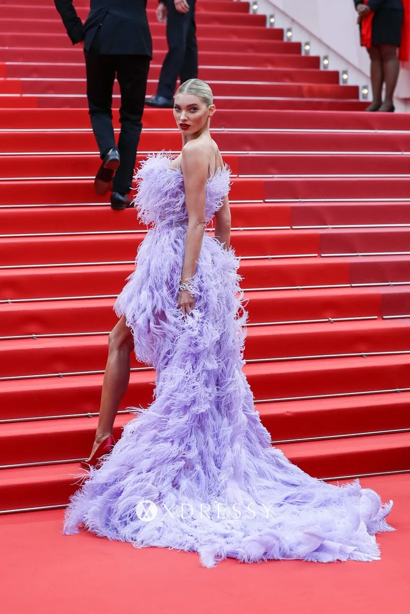 Elsa Hosk lilac feather red carpet gown