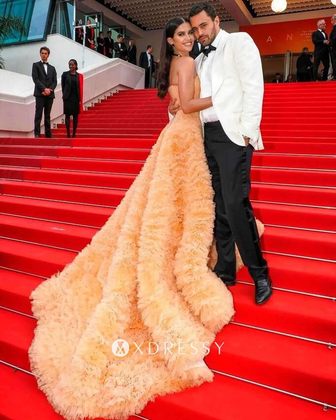 Sara Sampaio peach ruffled long train evening gown Sara Sampaio peach ruffled long train evening gown