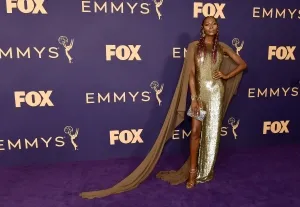 Dominique Jackson 2019 Emmys gold sequin caped gown