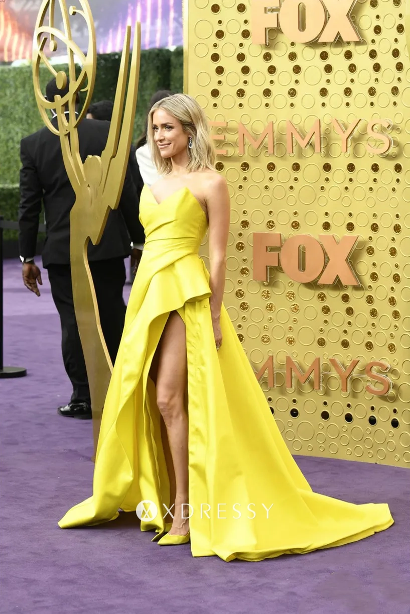 Kristin Cavallari yellow satin high slit dress Kristin Cavallari yellow satin high slit dress