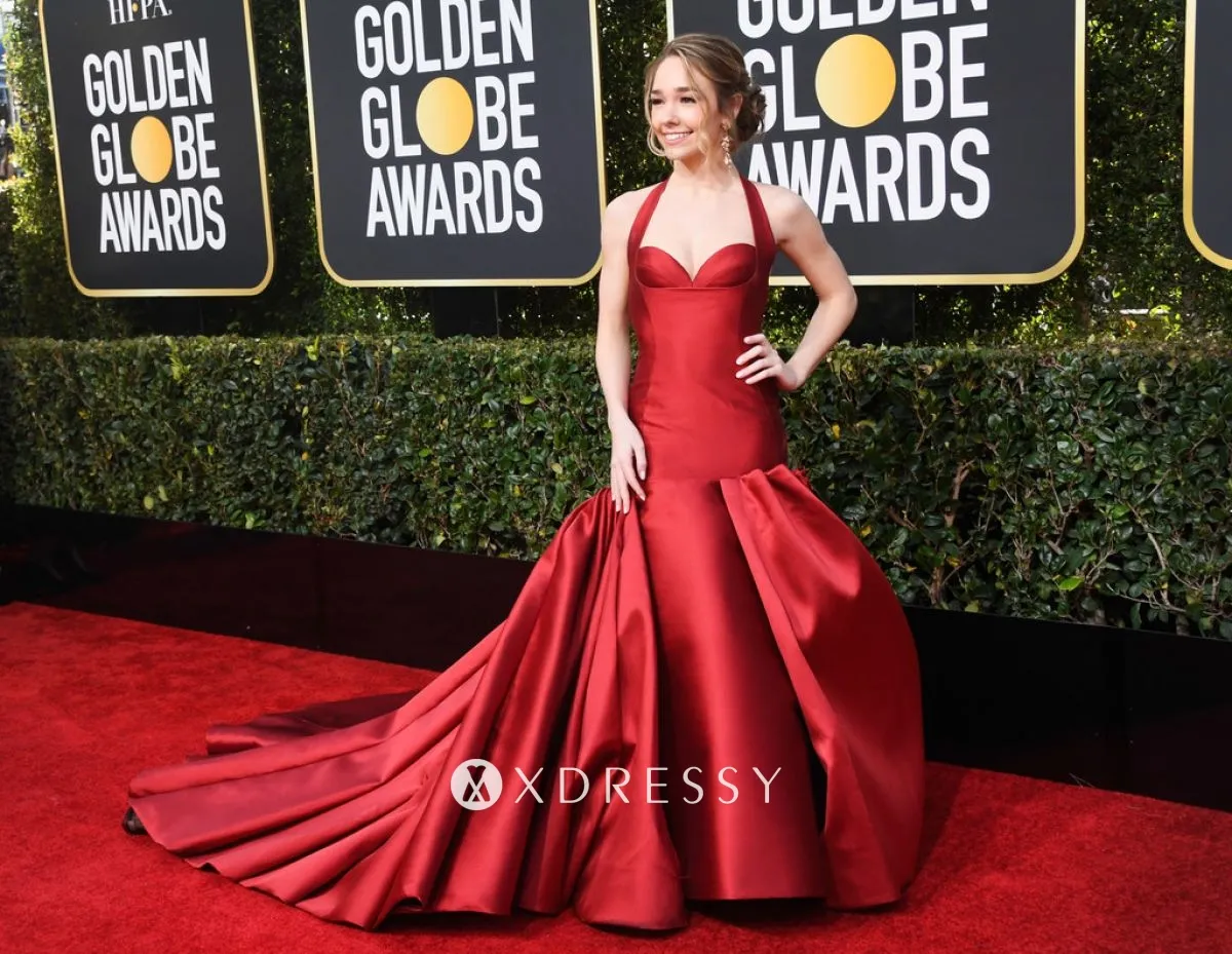 Holly Taylor ruby satin halter evening dress 2019 Golden Globes Holly Taylor ruby satin halter evening dress 2019 Golden Globes