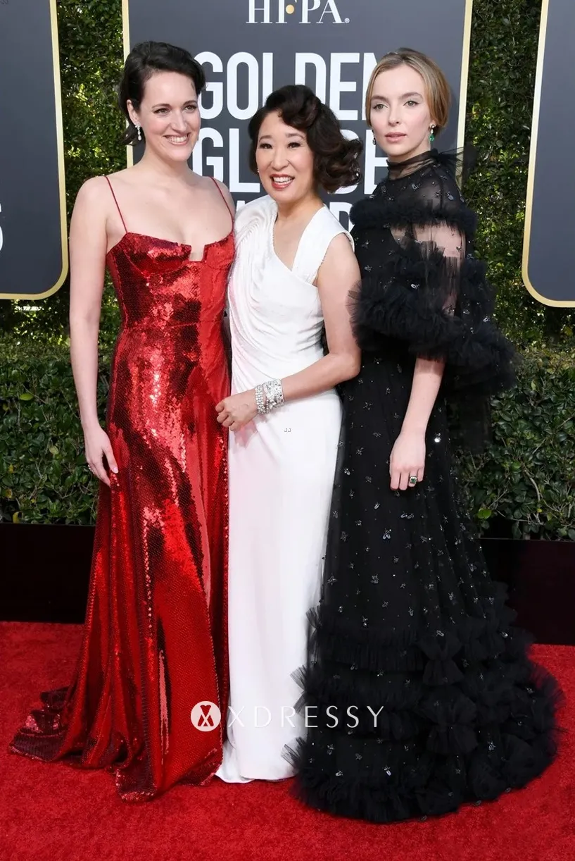 Phoebe Waller Bridge spaghetti straps red sequin gown Phoebe Waller Bridge spaghetti straps red sequin gown