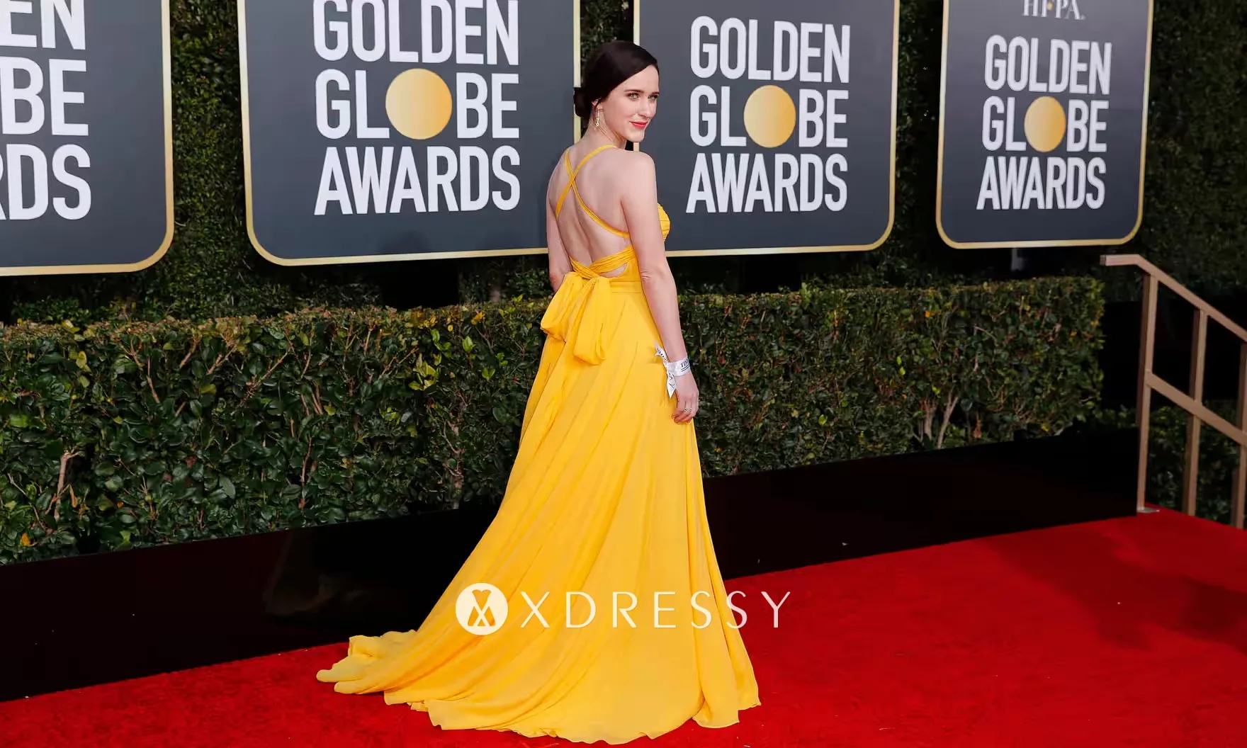 Rachel Brosnahan mustard yellow chiffo strap back dress Rachel Brosnahan mustard yellow chiffo strap back dress