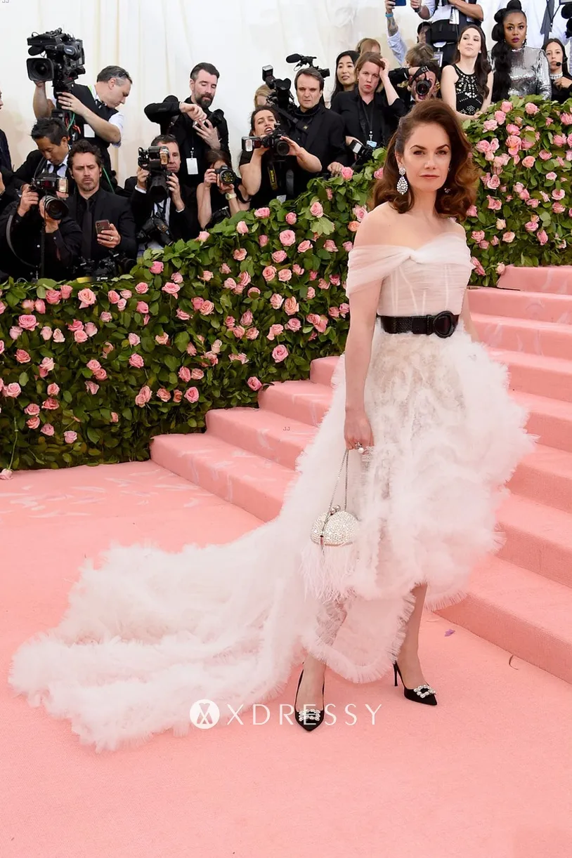 Ruth Wilson off shoulder white tulle gown with ruffled train Ruth Wilson off shoulder white tulle gown with ruffled train