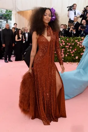 Zoe Saldana copper toned sequin prom gown 2019 Met Gala