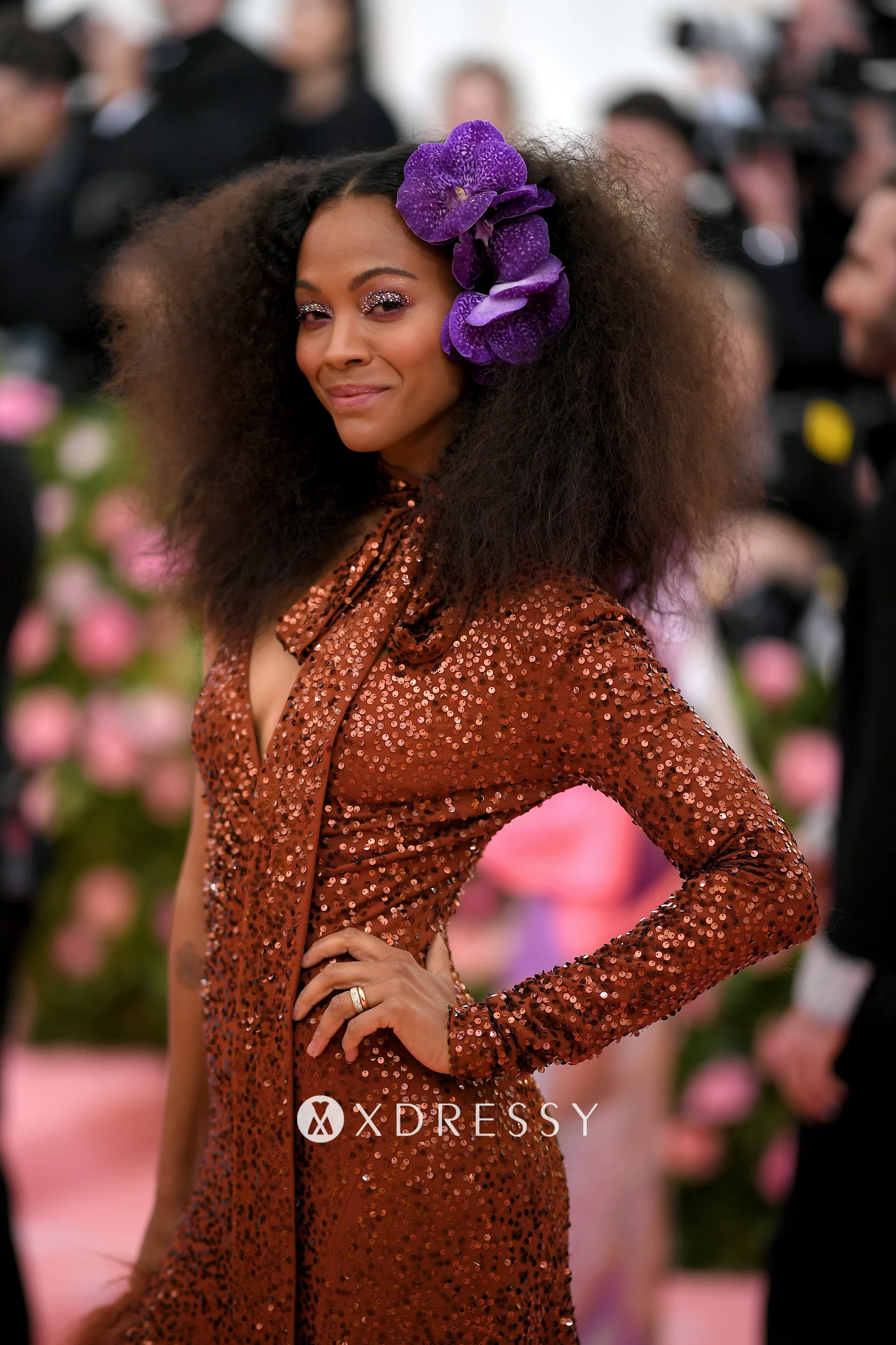 Zoe Saldana dazzling sequin 1970s style copper toned gown Zoe Saldana dazzling sequin 1970s style copper toned gown