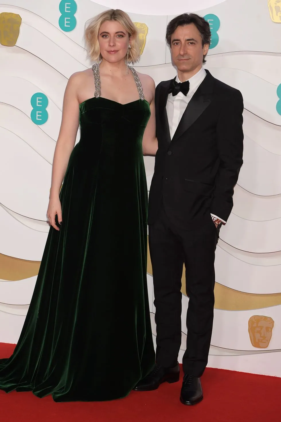 Greta Gerwig dark green velvet beaded halter evening dress Greta Gerwig dark green velvet beaded halter evening dress
