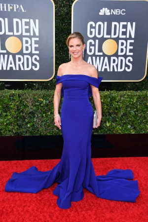Natalie Morales royal blue formal dress at 2020 Golden Globes red capret