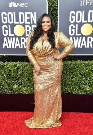 Nina Parker gold sequin formal dress 2020 Golden Globes