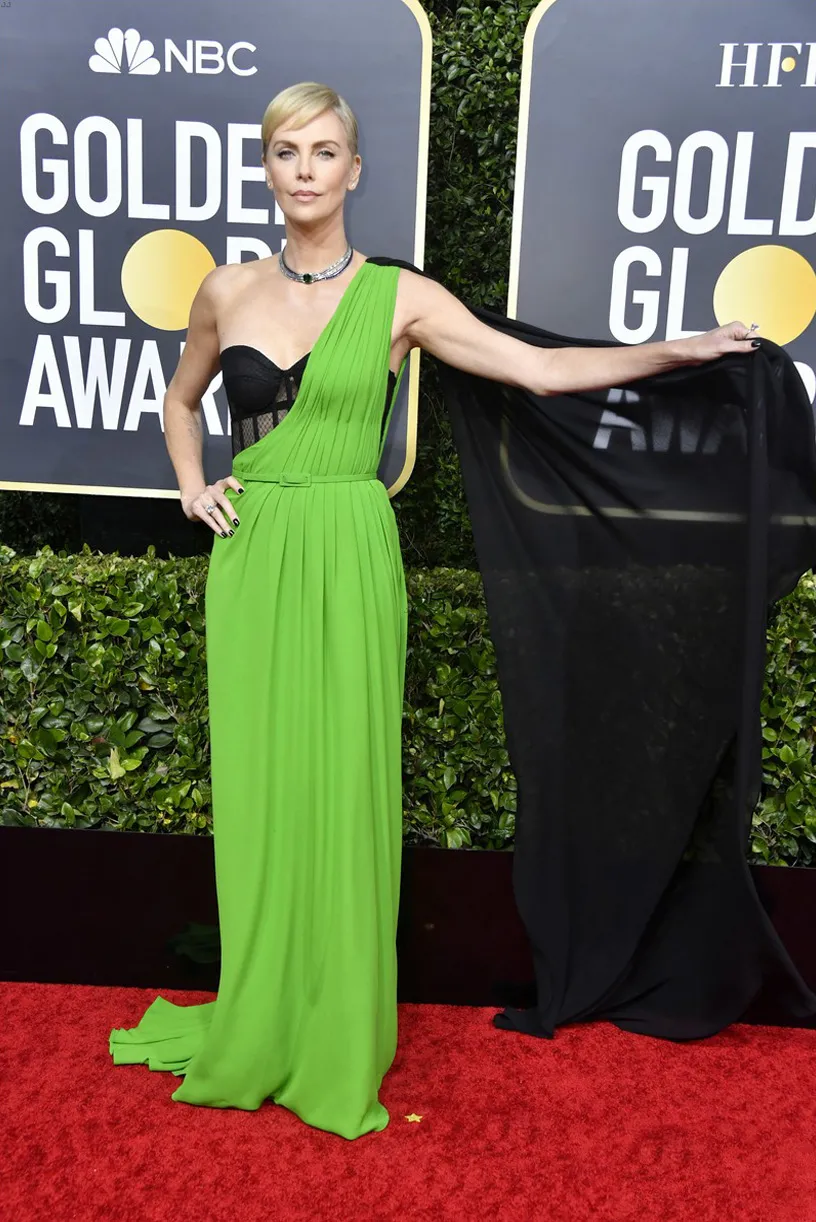 charlize theron green black dress golden globes 2020 charlize theron green black dress golden globes 2020