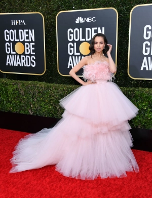 Sofi Carson pink layered ball gown at the 2020 Golden Gobes