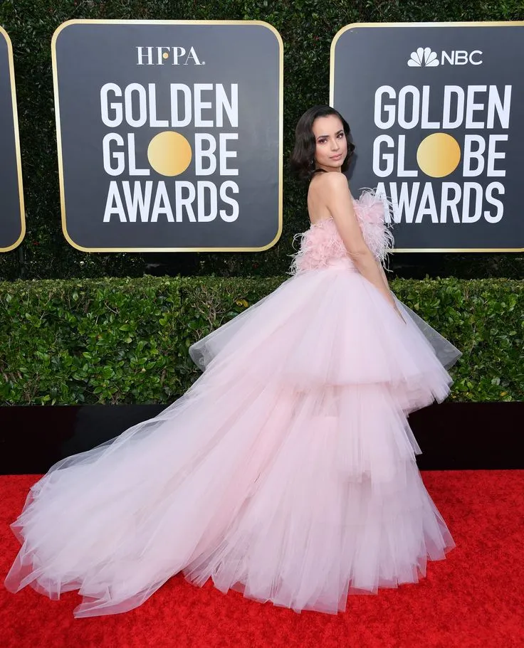 Sofi Carson pink layered prom ball gown with feather bodice Sofi Carson pink layered prom ball gown with feather bodice