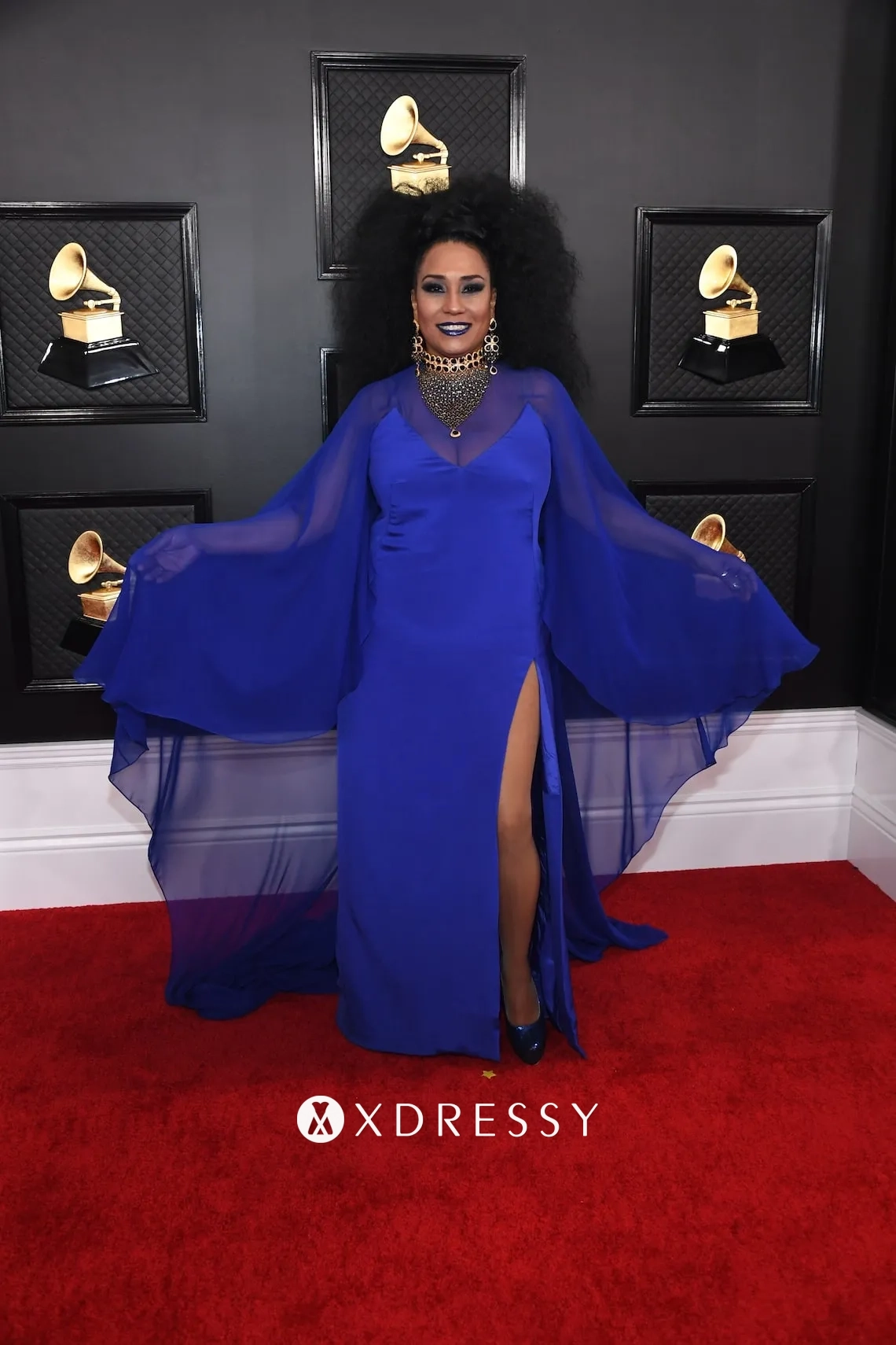 Aymee Nuviola royal blue caped sleeve evening dress at the 2020 Grammys Aymee Nuviola royal blue caped sleeve evening dress at the 2020 Grammys