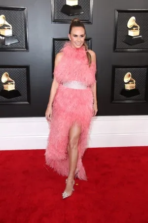 Keltie Knight pink feather slit dress with belt at 2020 Grammys