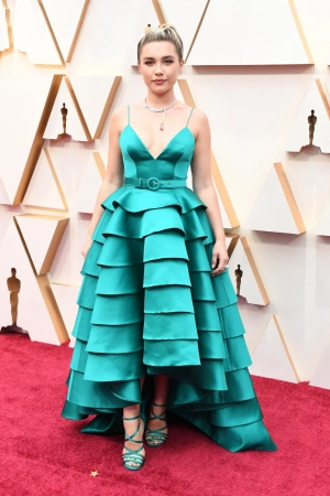 Florence Pugh turquoise tiered hi lo dress at the 2020 Oscars