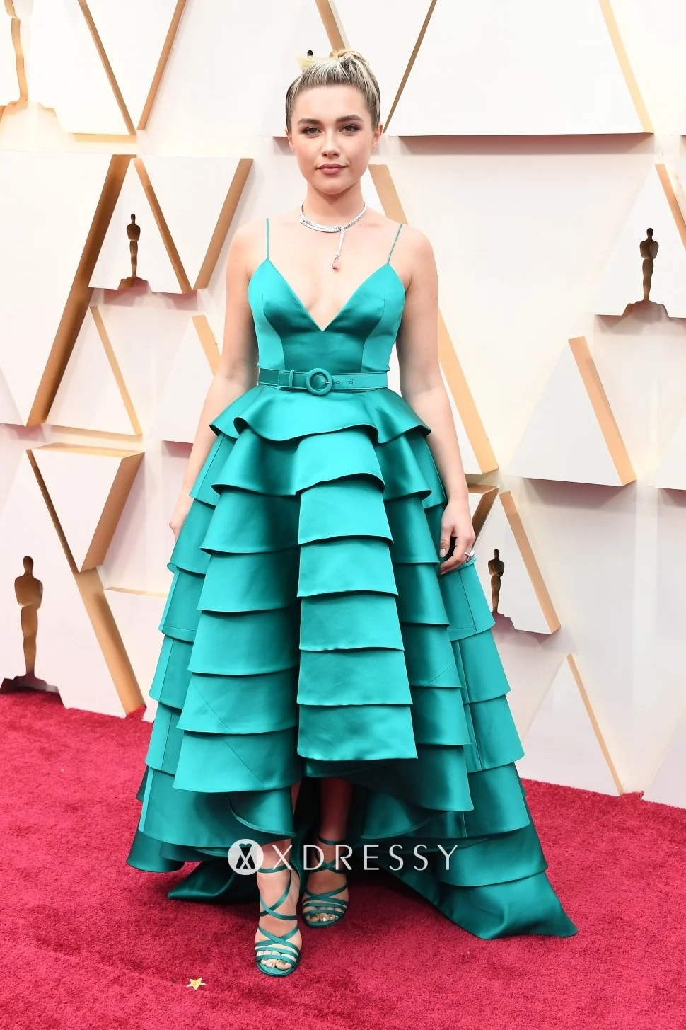 Florence Pugh turquoise tiered hi lo dress at the 2020 Oscars