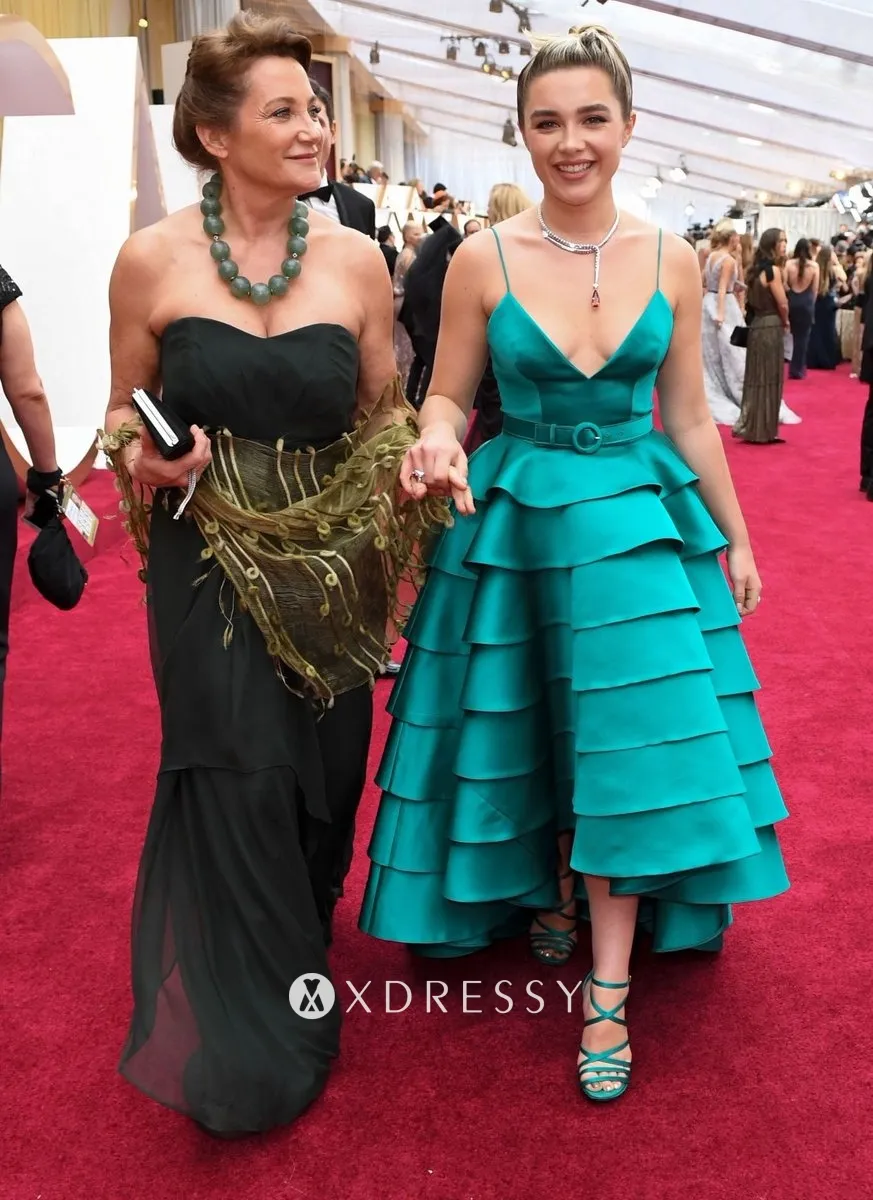 Florence Pugh turquoise tiered tiered party dress at 2020 scars