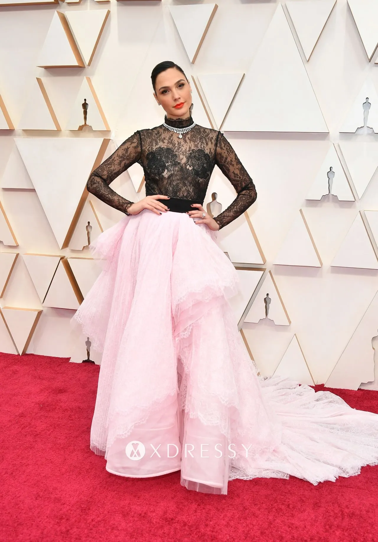 Gal Gadot sheer black lace pink organza dress on the red carpet
