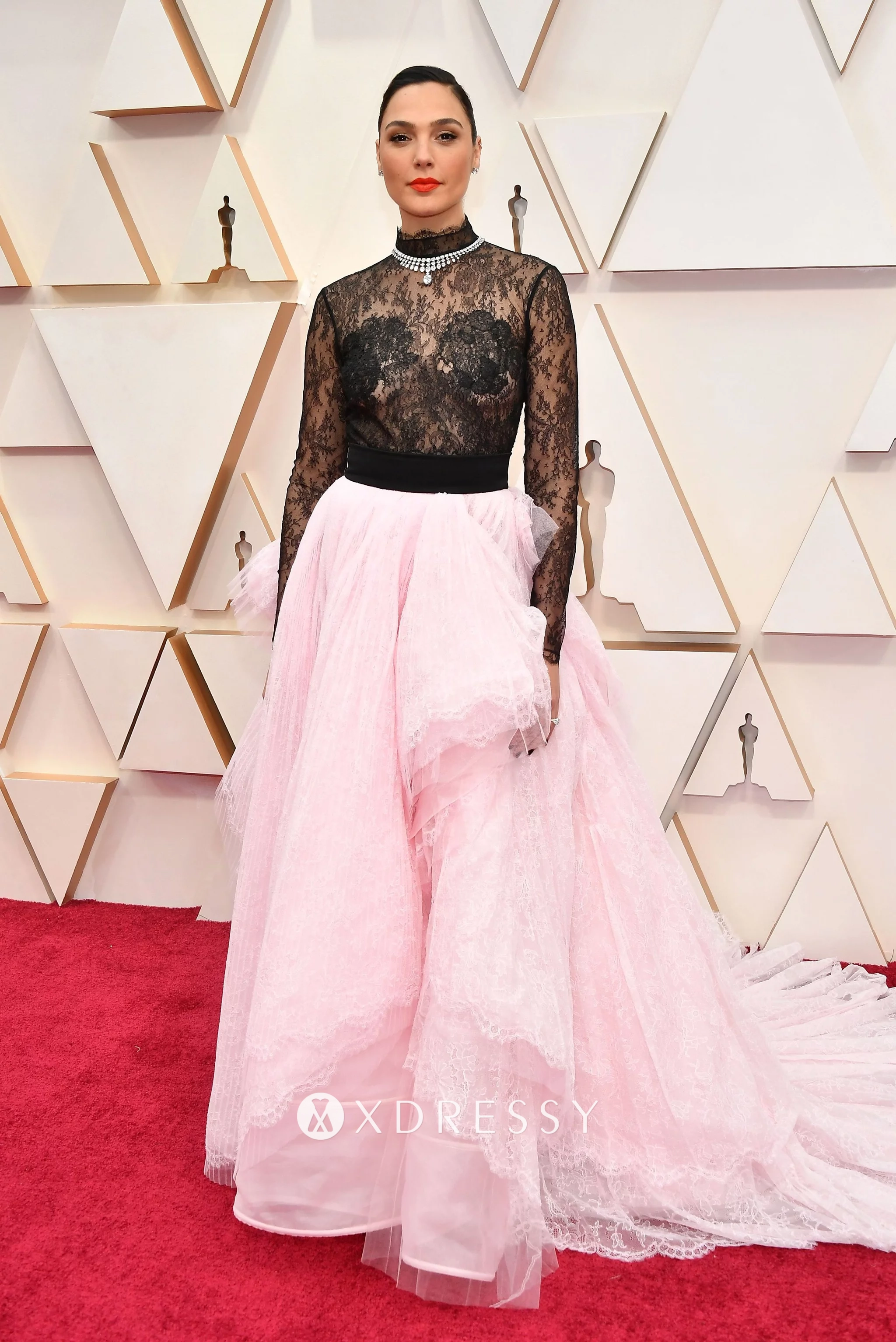 Gal Gadot sheer black lace pink organza evening formal dress