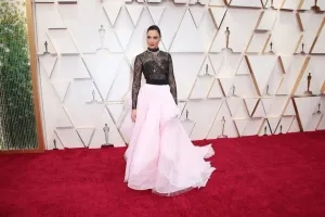 Gal Gadot sheer black pink two piece dress on the 2020 Oscars red carpet