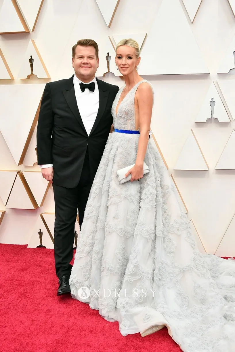 Julia Carey 2020 Oscars gray deep v red carpet dress