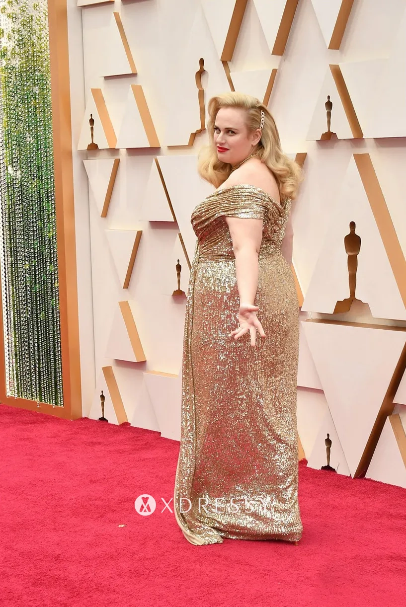 Rebel Wilson gold sequin plus size evening dress Rebel Wilson gold sequin plus size evening dress