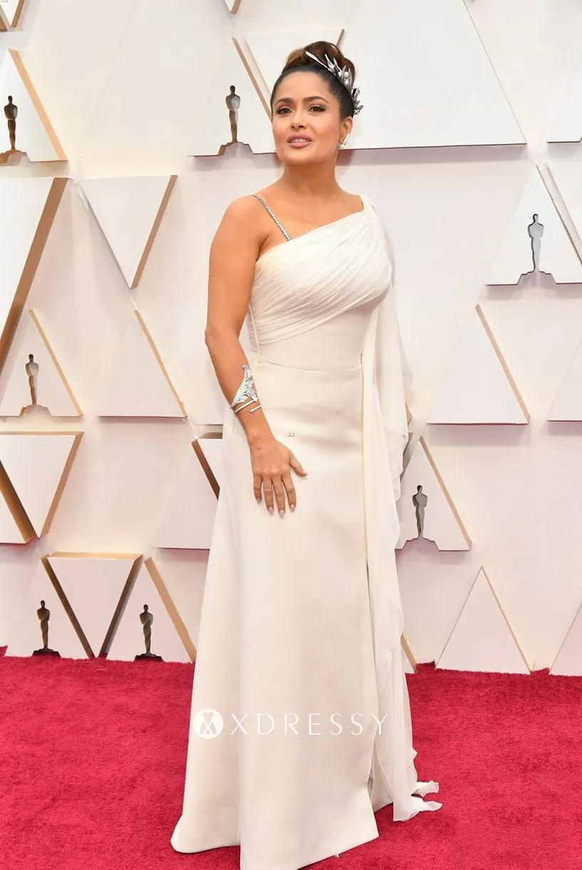 Salma Hayek white one sleeve sheath evening formal dress