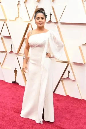 Salma Hayek white one sleeve slit red carpet dress