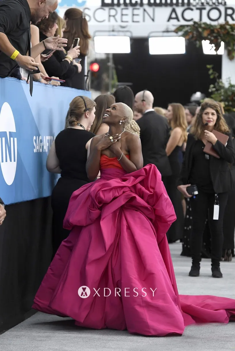 Cynthia Erivo strapless orange and fuchsia gown at 2020 SAG