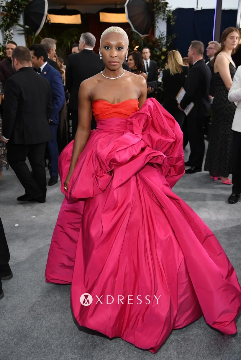 Cynthia Erivo straplesstwo tone draped puffy dress
