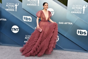 Emily Hampshire 2020 SAG deep mauve tiered tulle dress