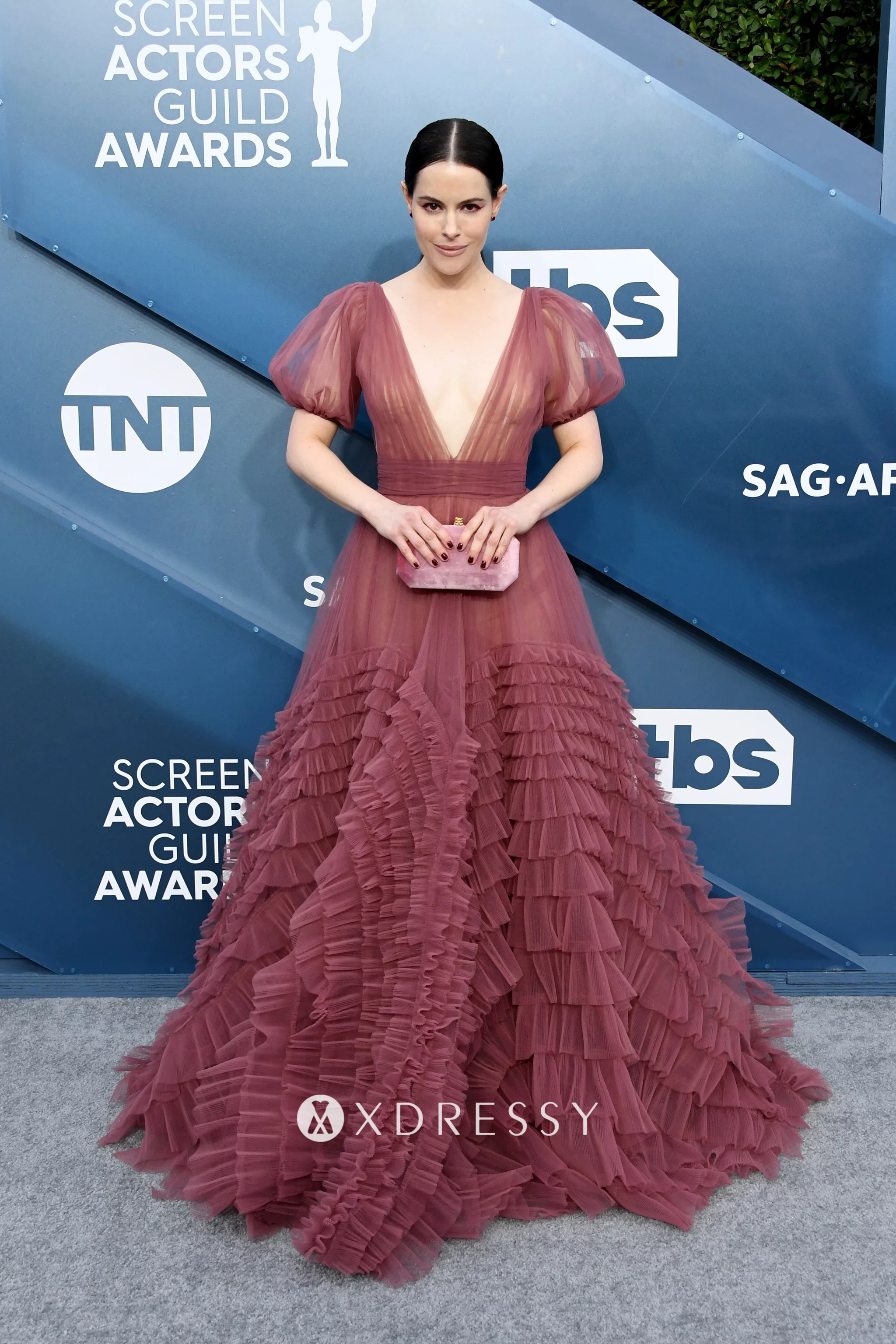 Emily Hampshire deep v neck mauve tiered tulle dress at 2020 SAG Emily Hampshire deep v neck mauve tiered tulle dress at 2020 SAG