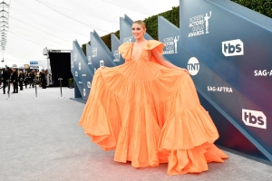 Kathryn Newton tangerine unique ruffled dress 2020 sag