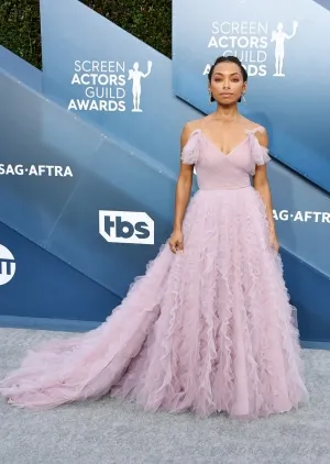 Logan Browning pink ruffled prom ball gown 2020 SAG