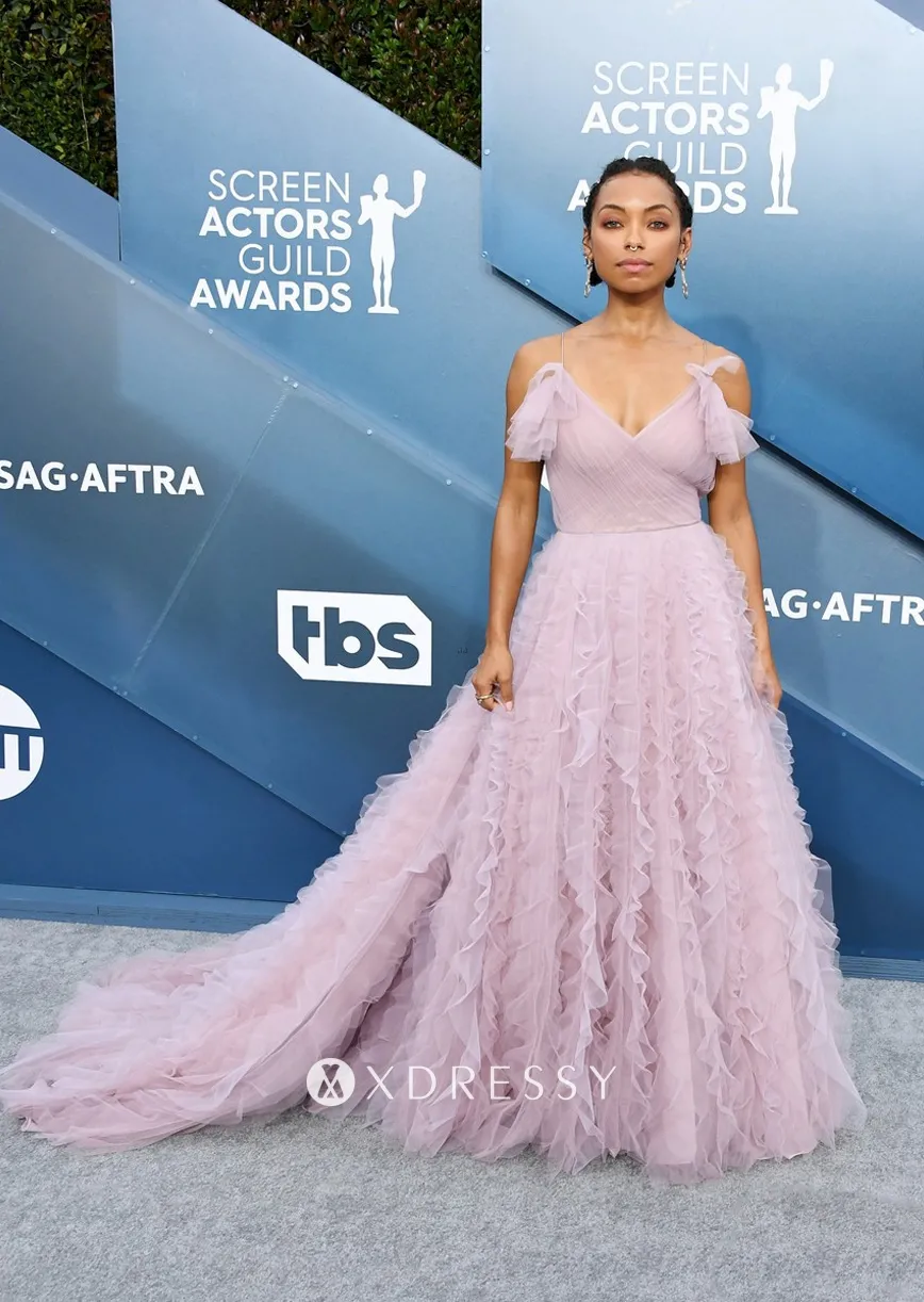 Logan Browning pink ruffled prom ball gown 2020 SAG Logan Browning pink ruffled prom ball gown 2020 SAG
