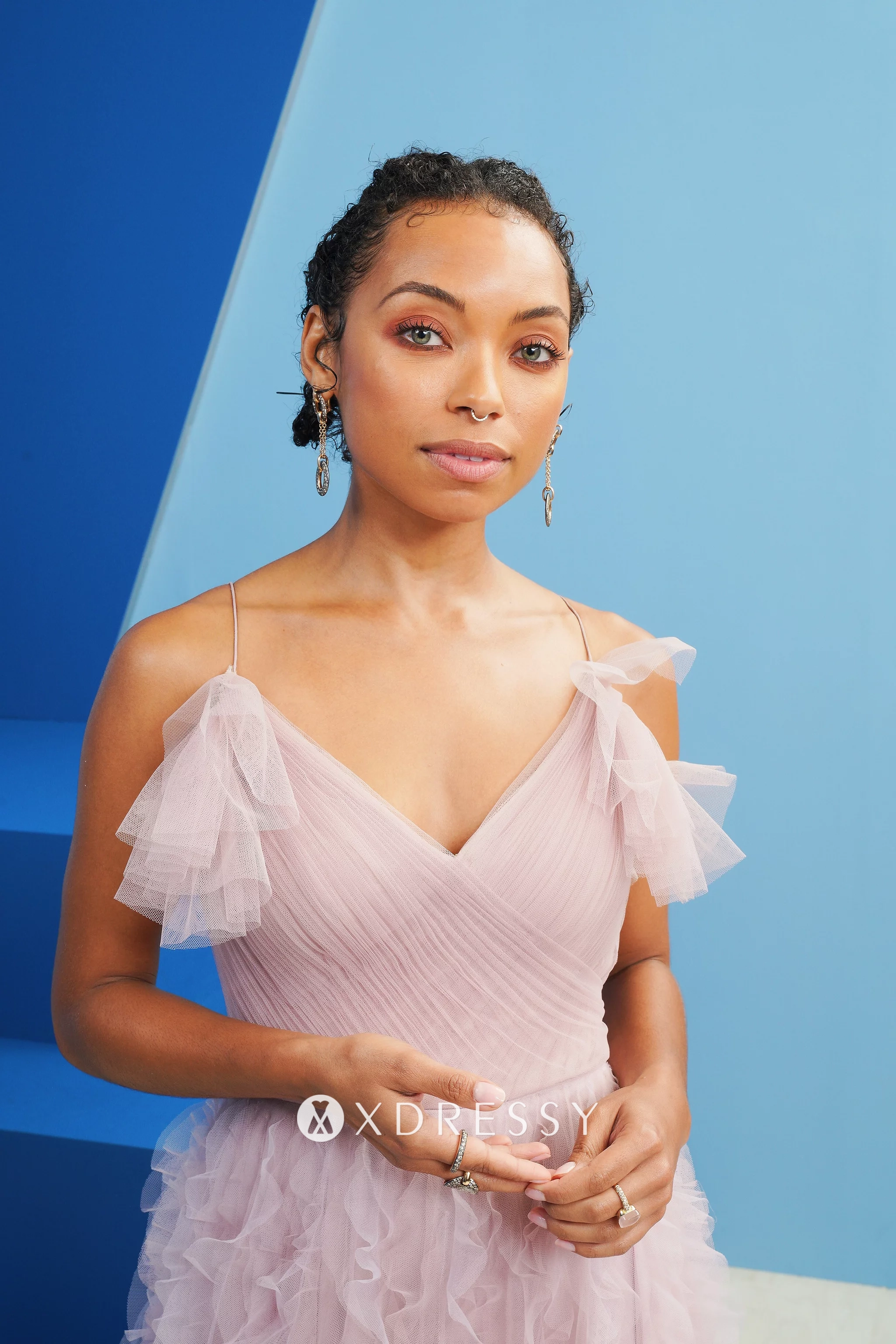 Logan Browning pink tulle V neck dress Logan Browning pink tulle V neck dress