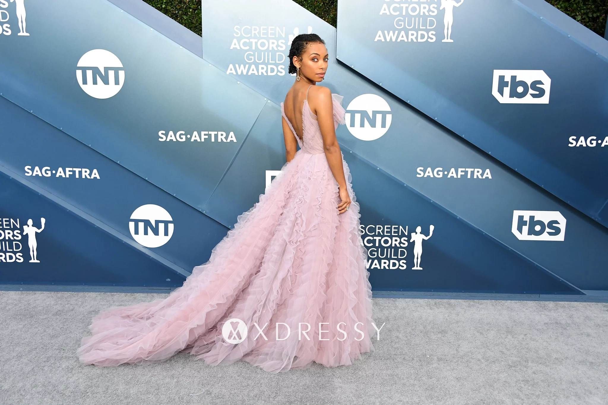 Logan Browning pink tulle low V back puffy prom dress Logan Browning pink tulle low V back puffy prom dress